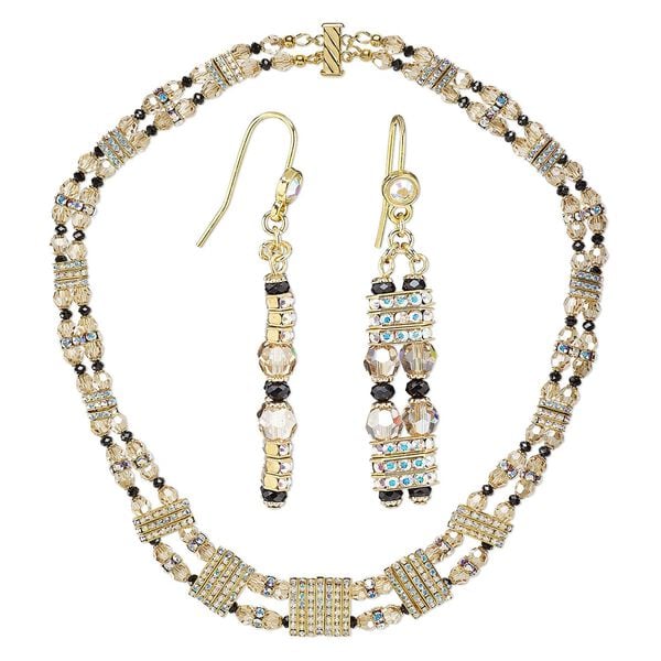 Necklace and earring set, One of a Kind Jewelry, gold-plated "pewter" (zinc-based alloy) and crystal, jet and crystal AB, 19-inch necklace. Only one available. image number 0