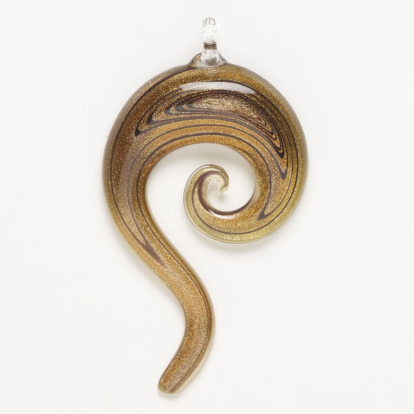 Focal, lampworked glass, translucent gold and black with copper-colored glitter, 3x1-3/4 inch spiral with line design. Sold individually. image number 0