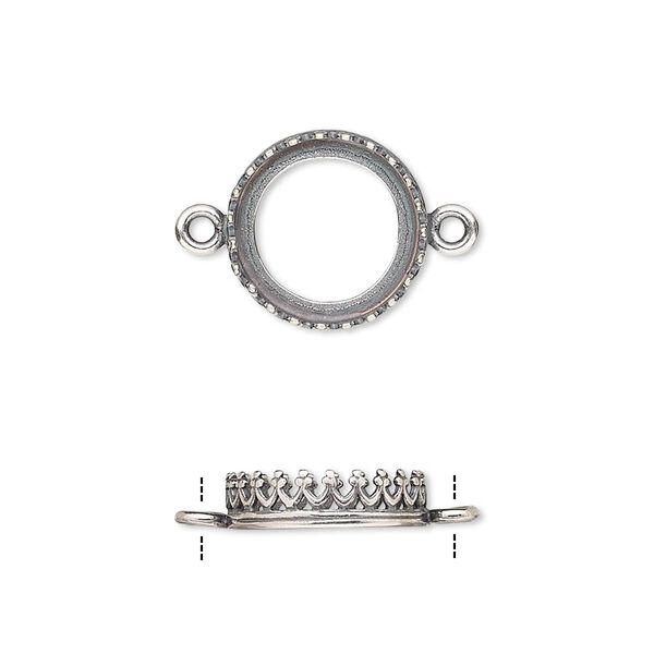 Link, JBB Findings, antique silver-plated brass, 13.5mm round with open back and decorative trim, 12mm round bezel setting. Sold per pkg of 2. image number 0
