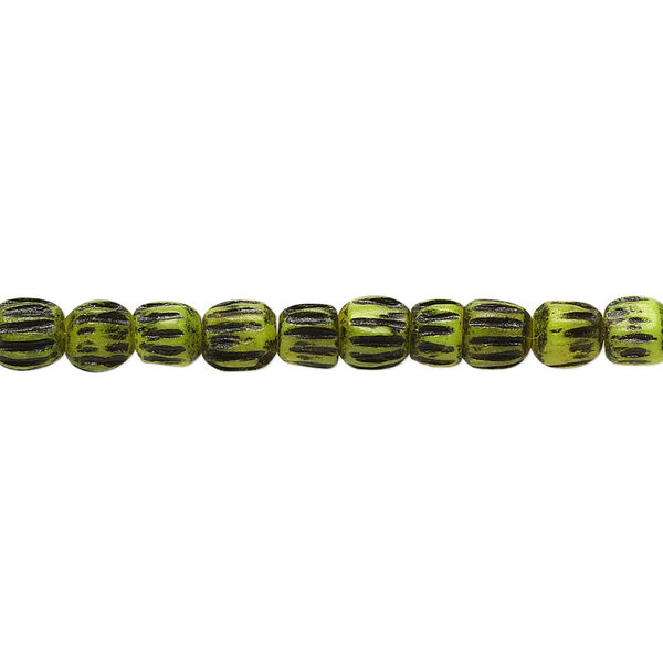 Bead, bone (dyed), lime green and black, 5x4mm corrugated barrel. Sold per 15-1/2" to 16" strand. image number 0