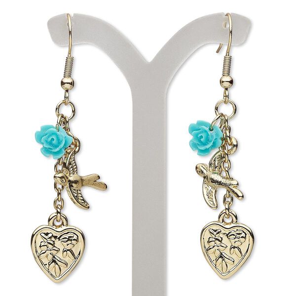Earring, acrylic with gold-finished brass and steel, turquoise blue, 2-1/2 inches with bird and heart with fishhook ear wire. Sold per pair. image number 0