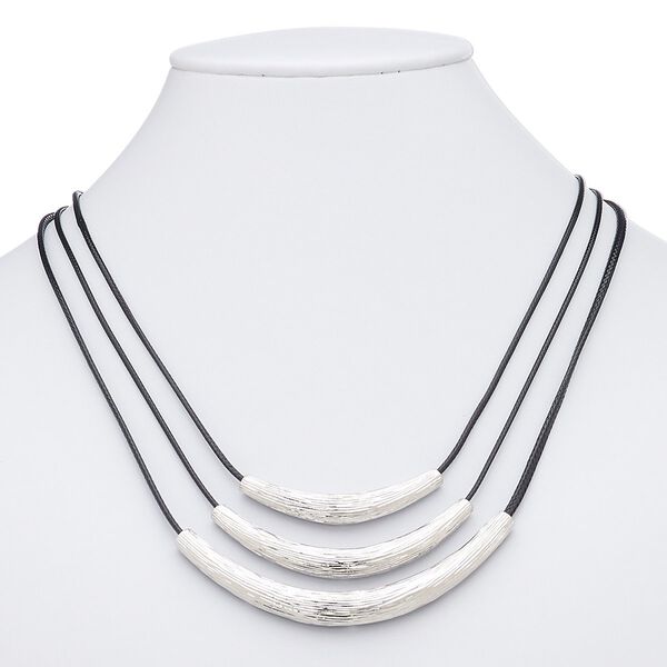 Necklace, 3-strand, waxed cotton cord with imitation rhodium-plated brass and "pewter" (zinc-based alloy), black, 2 x 1/4 to 3-1/4 x 1/4 inch graduated curved tube, 16 inches with 3-inch extender chain and lobster claw clasp. Sold individually. image number 0