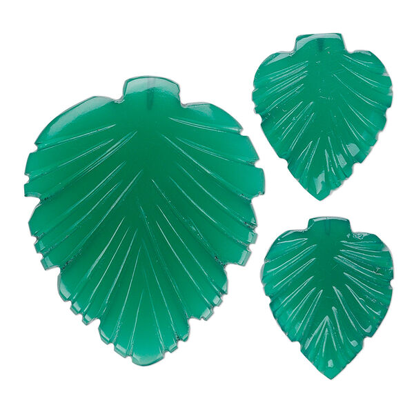 Green agate 1pkg3, hand-cut top-drilled carved leaf bead B grade, 29x25mm / 16x14mm image number 0