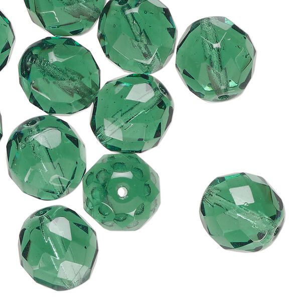 Bead, Czech fire-polished, glass, translucent tourmaline green, 12mm faceted round. Sold per pkg of 25. image number 0