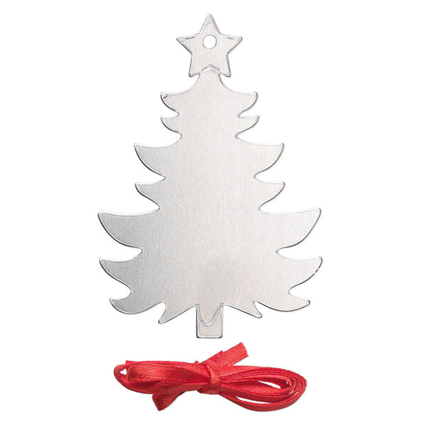 Ornament, ImpressArt®, aluminum and polyester, 2-7/8 x 2 inch holiday tree with ribbon. Sold per pkg of 3. image number 0