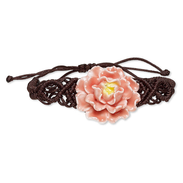 Bracelet, nylon and porcelain, brown / peach / yellow, 42x34mm-54x46mm flower, adjustable from 5-1/2 to 8 inches with macramé knot closure. Sold individually. image number 0