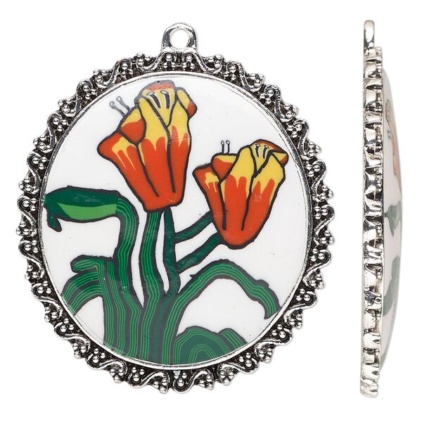 Focal, glazed polymer clay and silver-finished "pewter" (zinc-based alloy), multicolored, 43x40mm single-sided oval with lily design and swirl with beaded edge. Sold individually. image number 0