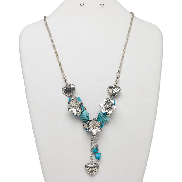 Magnesite / glass / steel 1pkg1, silver-finished necklace 22 inch / brass lobster claw clasp / 2.5 inch dangle image number 0