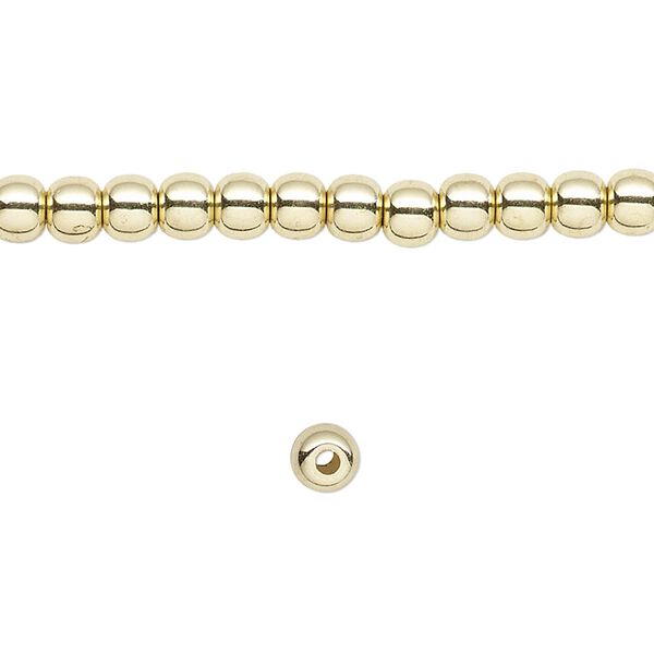 Bead, brass, 4mm round. Sold per 8-inch strand. image number 0