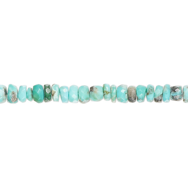 Bead, blue-green turquoise (dyed / stabilized), 3x1mm-4x3mm hand-cut faceted rondelle with matrix, C grade, Mohs hardness 5 to 6. Sold per 14-inch strand, approximately 160 beads. image number 0