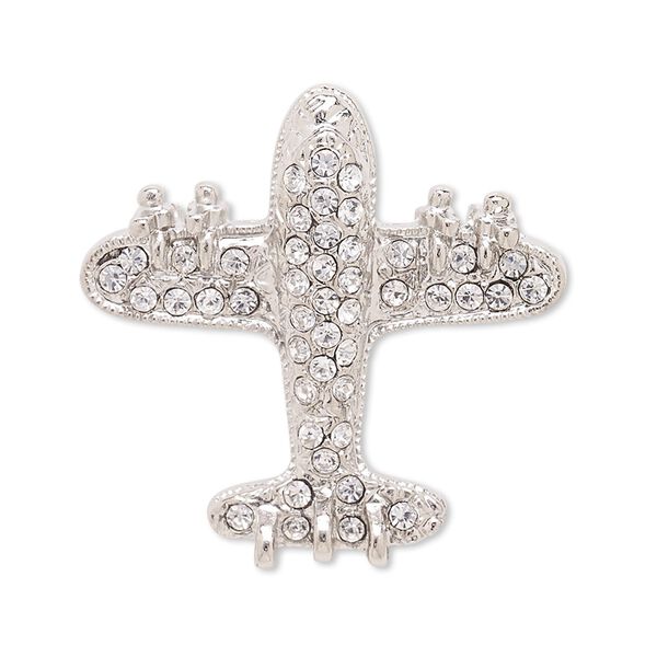 Spot pin, Czech glass rhinestone with silver-plated brass and "pewter" (zinc-based alloy), clear, 33x22mm airplane. Sold individually. image number 0