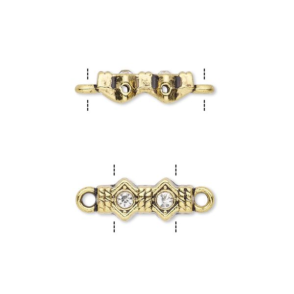 Link, glass rhinestone and antique gold-finished "pewter" (zinc-based alloy), clear, 14x7mm double-drilled bar with diamond design, fits up to 5mm bead. Sold per pkg of 10. image number 0