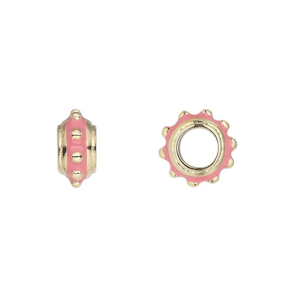 Bead, Dione®, gold-finished "pewter" (zinc-based alloy) and enamel, pink, 12x6mm beaded rondelle with 5mm hole. Sold individually. image number 0