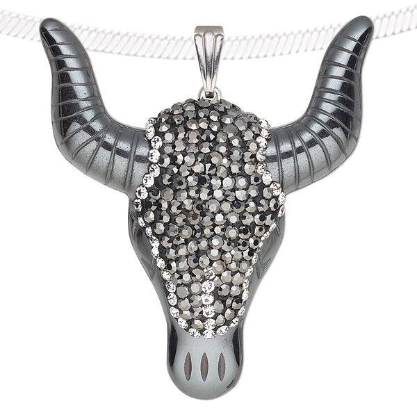 Pendant, Hemalyke™ (man-made) / glass / epoxy / silver-finished brass, black and clear, 46x40mm single-sided steer. Sold individually. image number 0