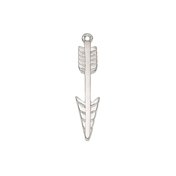 Charm, imitation rhodium-plated "pewter" (zinc-based alloy), 25x6mm double-sided arrow. Sold individually. image number 0