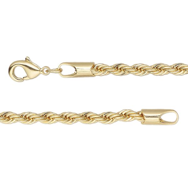 Chain, gold-finished brass, 3mm rope, 16 inches with lobster claw clasp. Sold individually. image number 0