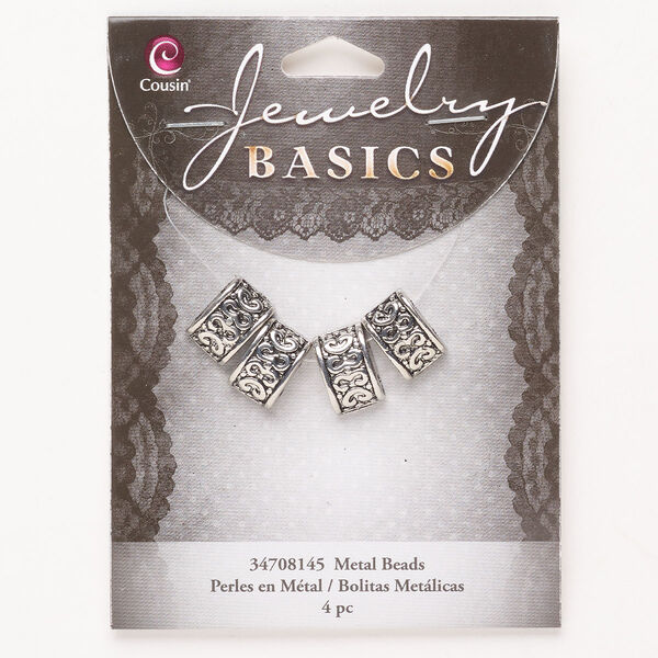 Bead, spacer, "pewter" (zinc-based alloy), pkg/4, antique silver finish, 12x8mm 2-strand half-oval, fits up to 6mm beads. image number 0