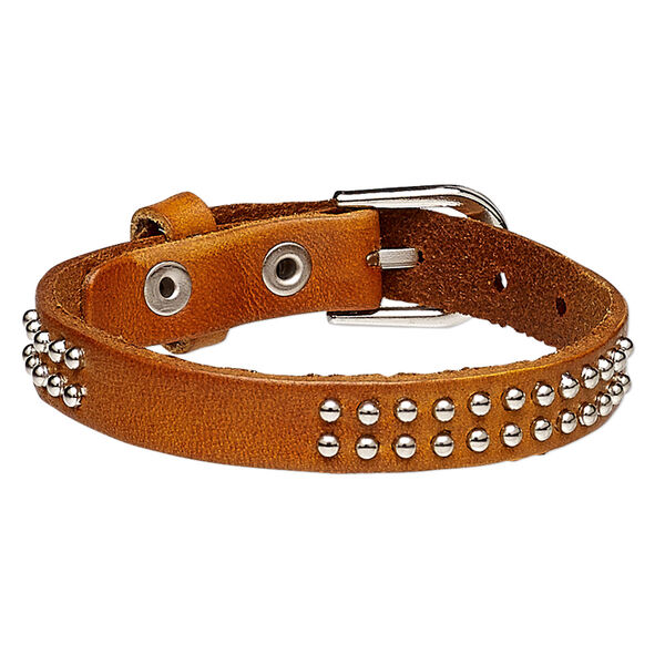 Bracelet, leather (dyed) and silver-plated steel, tan, 10mm wide with round studs, adjustable from 5-1/2 to 7 inches with buckle-style closure. Sold individually. image number 0