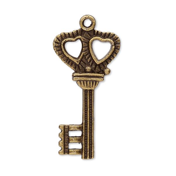 Focal, antique brass-plated "pewter" (zinc-based alloy), 34x17mm two-sided key with double heart design. Sold per pkg of 10. image number 0