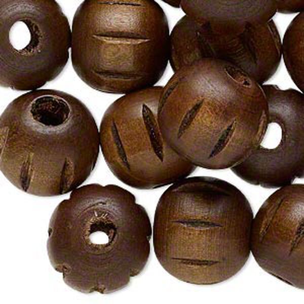 Bead, wood (dyed), dark brown, 20mm hand-cut fluted round. Sold per pkg of 25. image number 0