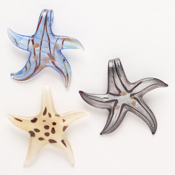 Random focal mix, lampworked glass, pkg/3, opaque mixed colors with silver-colored foil and copper-colored glitter, 56x48mm-70x62mm top-drilled random starfish. image number 0
