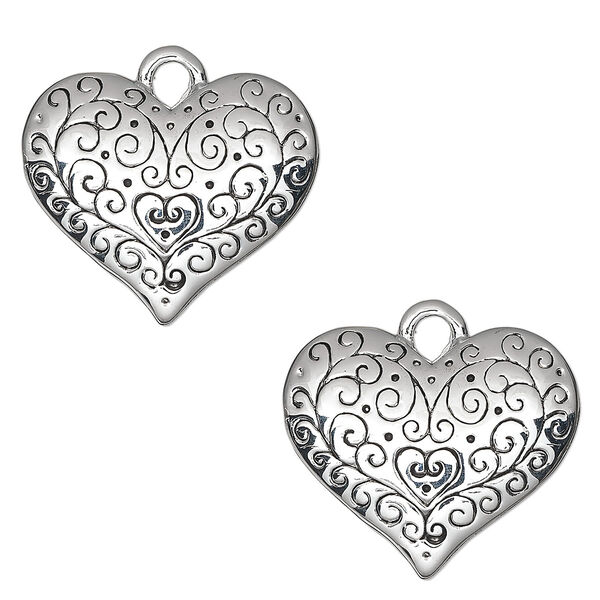 Charm, antique silver-plated "pewter" (zinc-based alloy), 28x24mm single-sided domed heart with swirl design. Sold per pkg of 2. image number 0