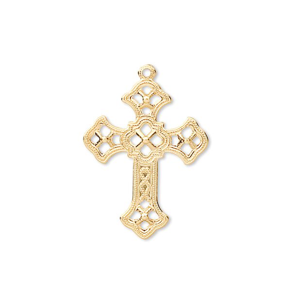 Drop, gold-plated brass, 24x18mm filigree cross. Sold per pkg of 50. image number 0