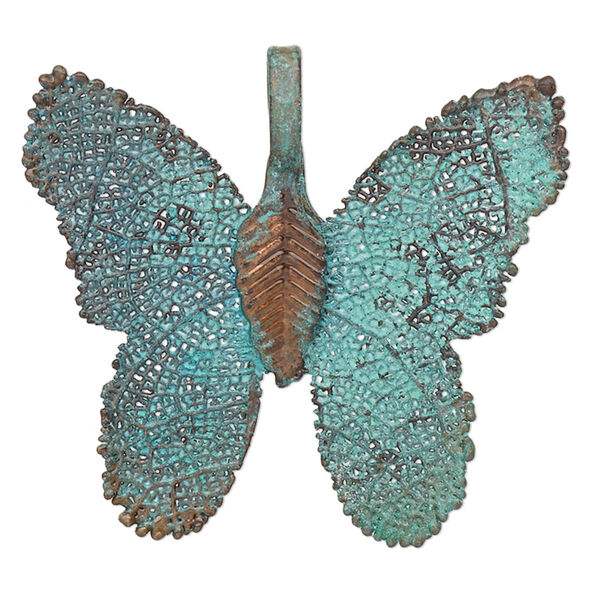 Pendant, copper-plated brass and Indian rubber plant, green patina, 31x28mm-32x28mm double-sided butterfly. Sold individually. image number 0