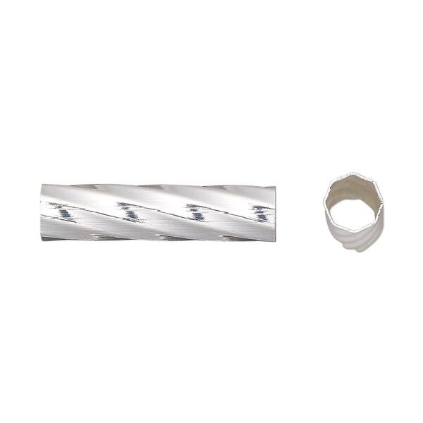 Bead, silver-finished brass, 26x6mm twisted round tube. Sold per pkg of 10. image number 0