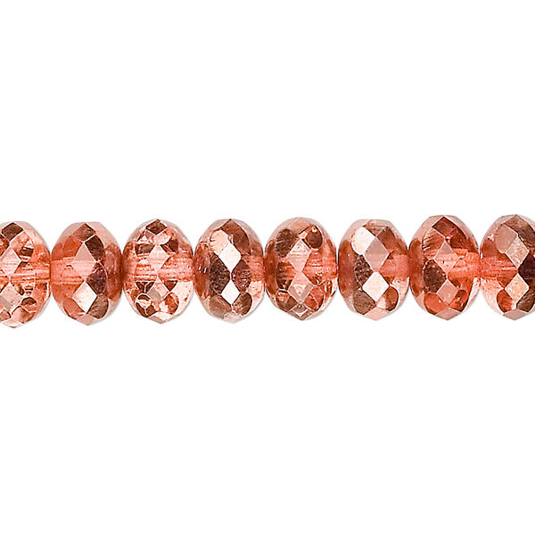 Bead, Czech fire-polished glass, translucent metallic apricot, 9x5mm faceted rondelle. Sold per 15-1/2" to 16" strand. image number 0