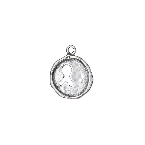 Drop, antiqued sterling silver, 12-13mm single-sided irregular round with cutout awareness ribbon. Sold individually. image number 0