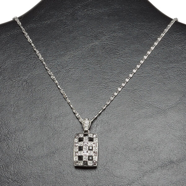 Necklace, imitation rhodium-finished "pewter" (zinc-based alloy) / steel / glass, clear / black / grey, 34x21mm single-sided rectangle with enamel and rhinestone accents, 22-inch flat chain with 2-inch extender chain and lobster claw clasp. Sold individually. image number 0