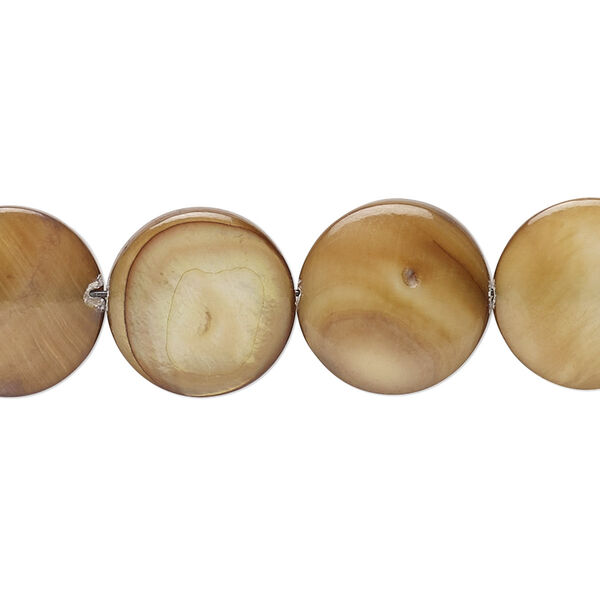 Bead, mother-of-pearl shell (dyed), gold, 14mm flat round with 0.6-1mm hole, Mohs hardness 3-1/2. Sold per 15-inch strand. image number 0