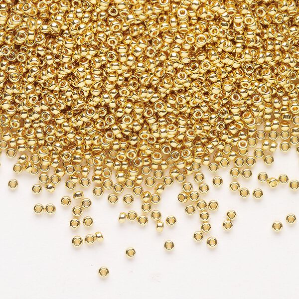 Seed bead, Miyuki, glass, pkg/4g, #15 rocaille, opaque 24Kt gold-plated, (RR-191). image number 0
