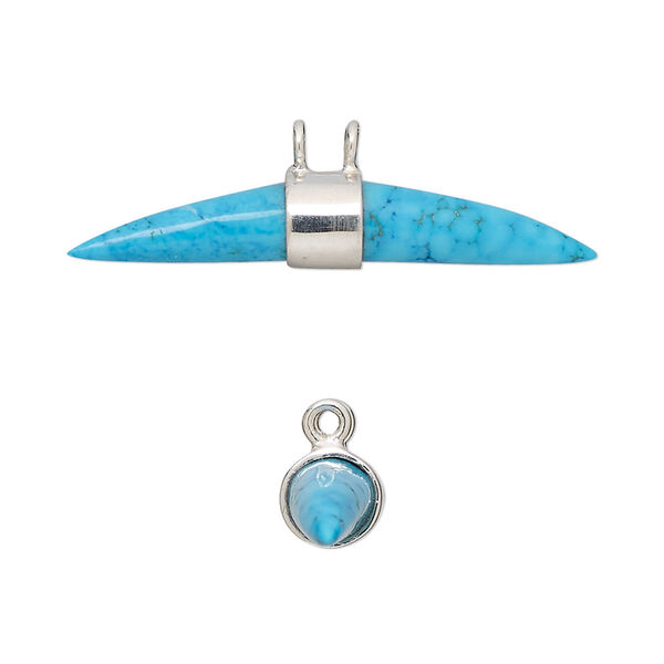 Focal, "turquoise" (resin) (imitation) and sterling silver, 33x6mm-36x7mm hand-cut double point with 2 loops. Sold individually. image number 0