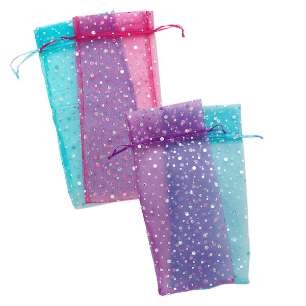 Gift 1pkg6, bottle cover, organza, turquoise blue and purple, 13-1/2 x 6 inches with holographic bubble pattern. image number 0