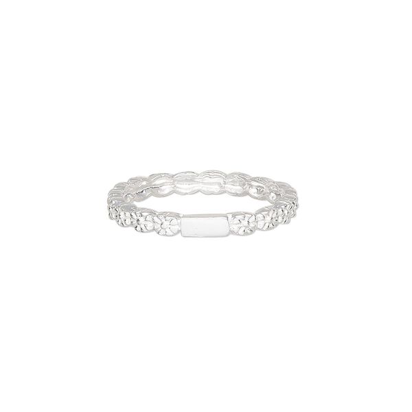 Ring, Create Compliments®, sterling silver, clear, 1.5mm wide flower, size 7. Sold individually. image number 0