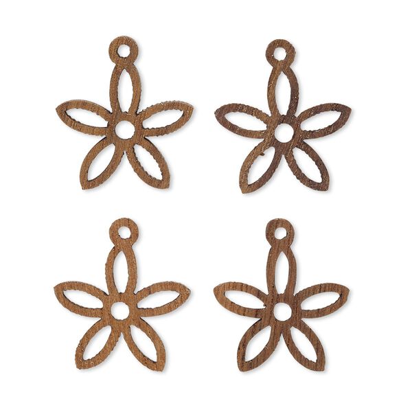 Drop, wood (natural), 15x14mm double-sided flower with cutout design. Sold per pkg of 4. image number 0