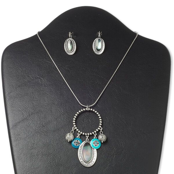 Necklace and earring set, Picasso marble (natural) / black lip shell (natural) / epoxy / glass rhinestone / antiqued silver-finished "pewter" (zinc-based alloy) and steel, dark teal green and teal green, 3-inch dangle, 16 inches with 3-inch extender chain and lobster claw clasp, 1-1/4 inch earrings with leverback ear wire. Sold per set. image number 0