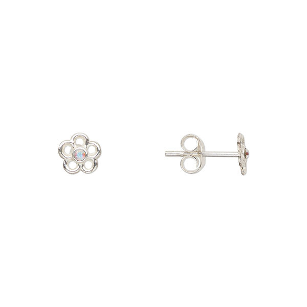 Earstud, Create Compliments®, sterling silver and crystal, clear AB, 6mm flower. Sold per pair. image number 0