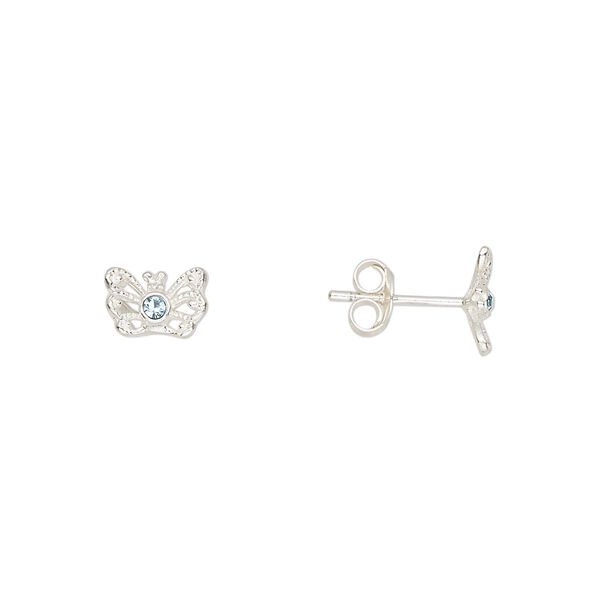Earstud sterling silver / Preciosa crystal 1pkg2, 8x5mm butterfly / earnuts included, Create Compliments® aqua blue 1 pair image number 0