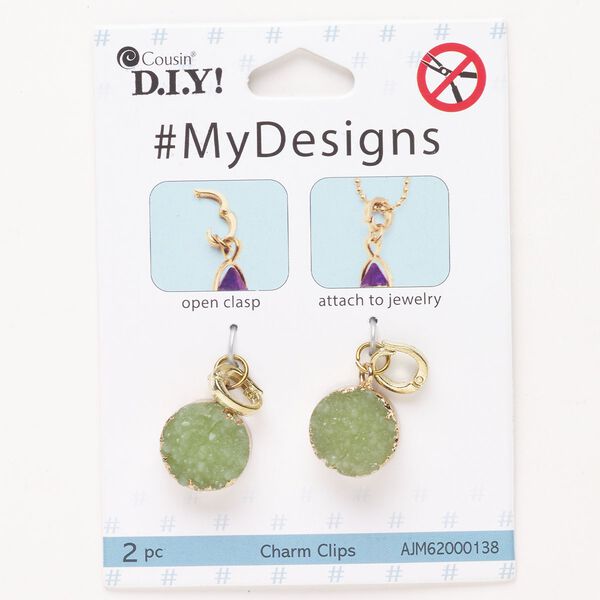 Drop, steel / brass / druzy agate (dyed), pkg/2, gold finish and light green, 19x15mm round with snap lock bail. image number 0