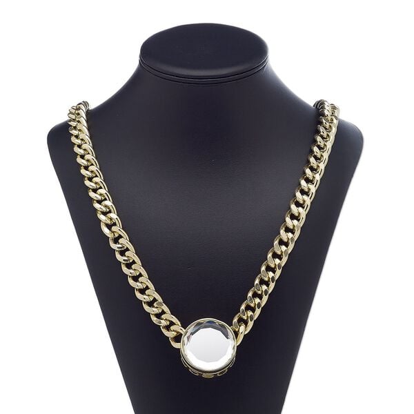 Necklace, glass / gold-finished brass / steel / "pewter" (zinc-based alloy), clear, 38mm flat round, 32 inches with 3-inch extender chain and lobster claw clasp. Sold individually. image number 0
