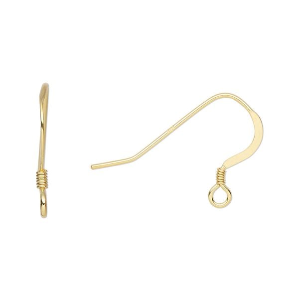 Ear wire fishhook 1pkg4 sterling silver, 15mm flat / 2mm coil / open loop, 21 gauge "vermeil" 2 pair image number 0