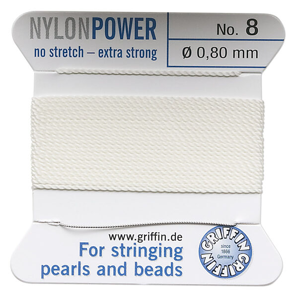Thread, Griffin, nylon, white, size #8. Sold per 2-meter card (approximately 78 inches). image number 0