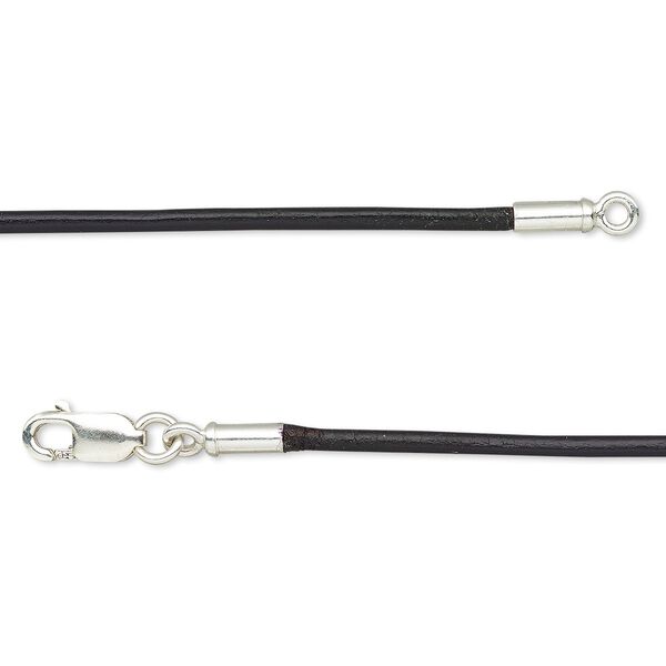 Necklace cord, Ellada Leather™, Greek leather (dyed) and sterling silver, black, 1.5mm round, 16 inches with lobster claw clasp. Sold individually. image number 0