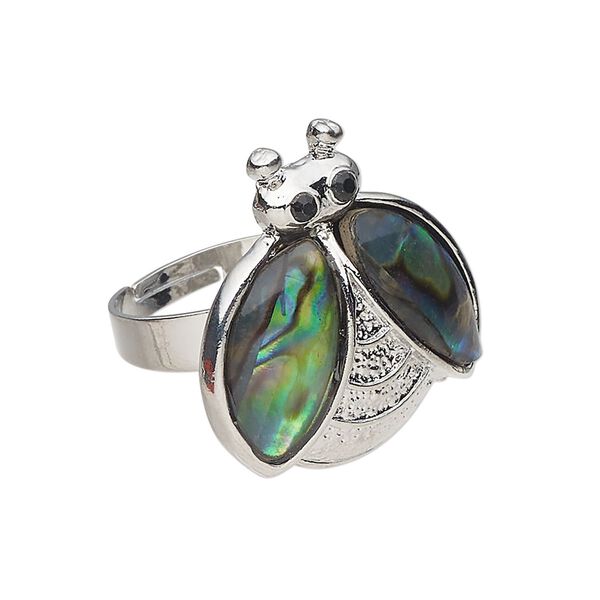 Ring 1pkg1 brass / paua shell / glass rhinestone, 26x24mm ladybug, natural silver finish / black image number 0