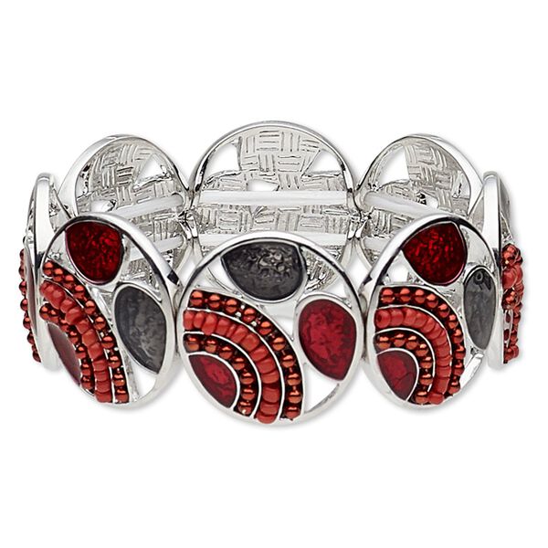 Bracelet, stretch, enamel / glass / imitation rhodium-plated "pewter" (zinc-based alloy), red / dark red / black, 25mm wide with 25mm round, 6-1/2 inches. Sold individually. image number 0