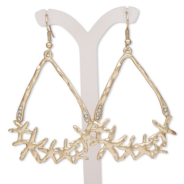 Earring, glass rhinestone with gold-finished brass and "pewter" (zinc-based alloy), clear, 2-3/4 inches with open triangle and fishhook ear wire. Sold per pair. image number 0