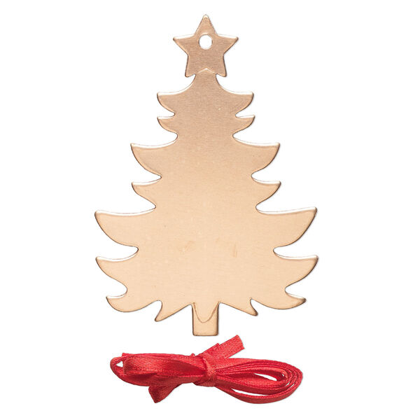 Ornament, ImpressArt®, copper and polyester, 2-7/8 x 2 inch holiday tree with ribbon. Sold per pkg of 2. image number 0